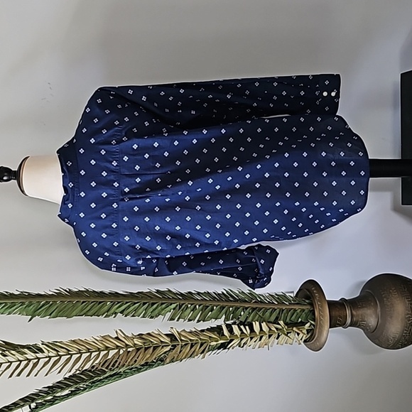 St. John's Bay Navy and White Patterned Long Sleeve Button Down Blouse - Picture 2 of 13